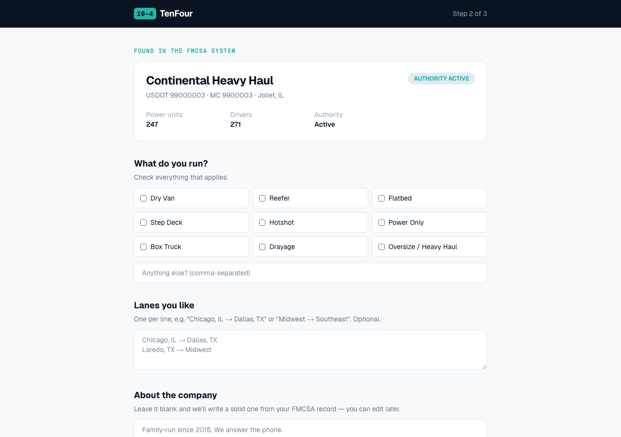 TenFour onboarding: company details prefilled from the FMCSA record after entering a DOT number